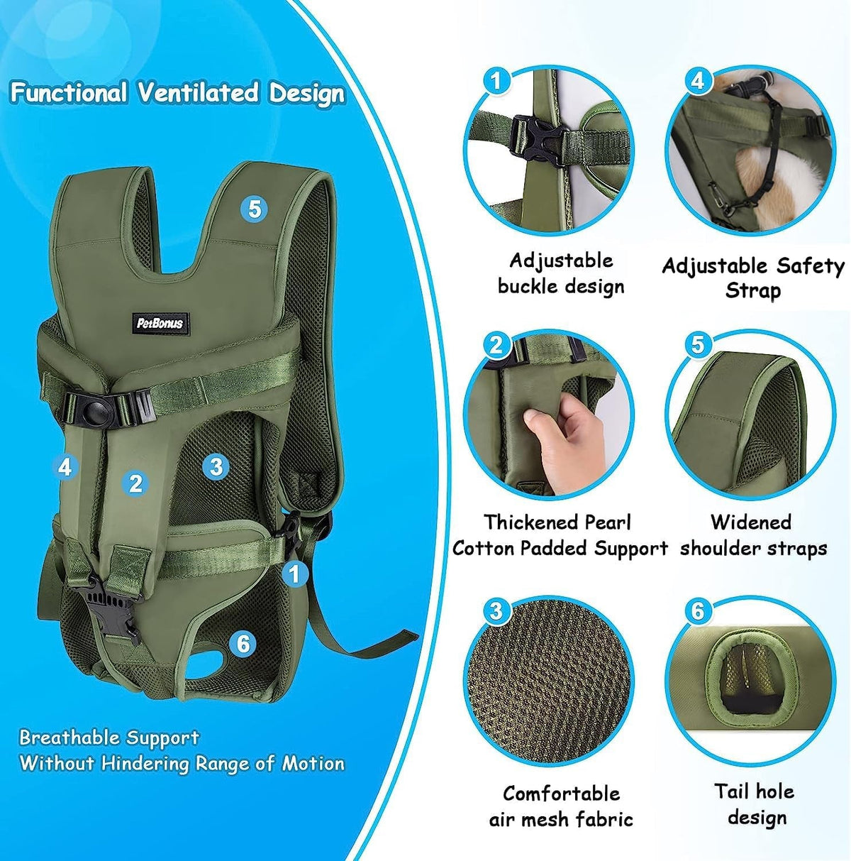 Pet Front Dog Carrier Backpacks, Adjustable Pet Backpack, Legs Out Easy-Fit Puppy Chest Carrier for Medium Small Dogs, Hands Free for Hiking, Cycling (Army Green, S)