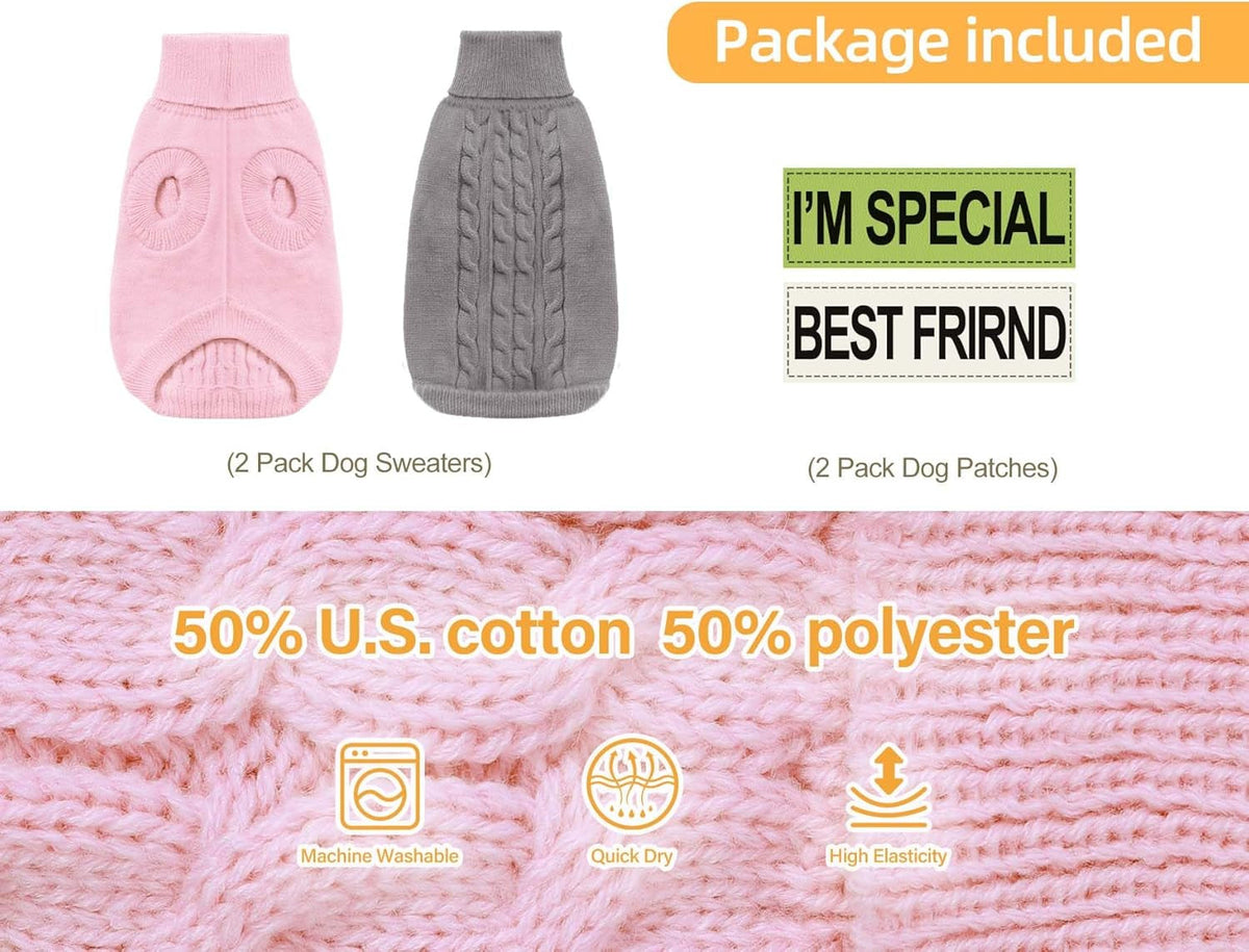 2 Pack Dog Sweaters for Small Dogs - Puppy Medium Warm Clothes in Winter, Turtleneck Pullover Design for Boy Girl Pet, Doggie, Cat, Kitten Chihuahua Bulldog Pug Beagles (M, Grey, Pink)