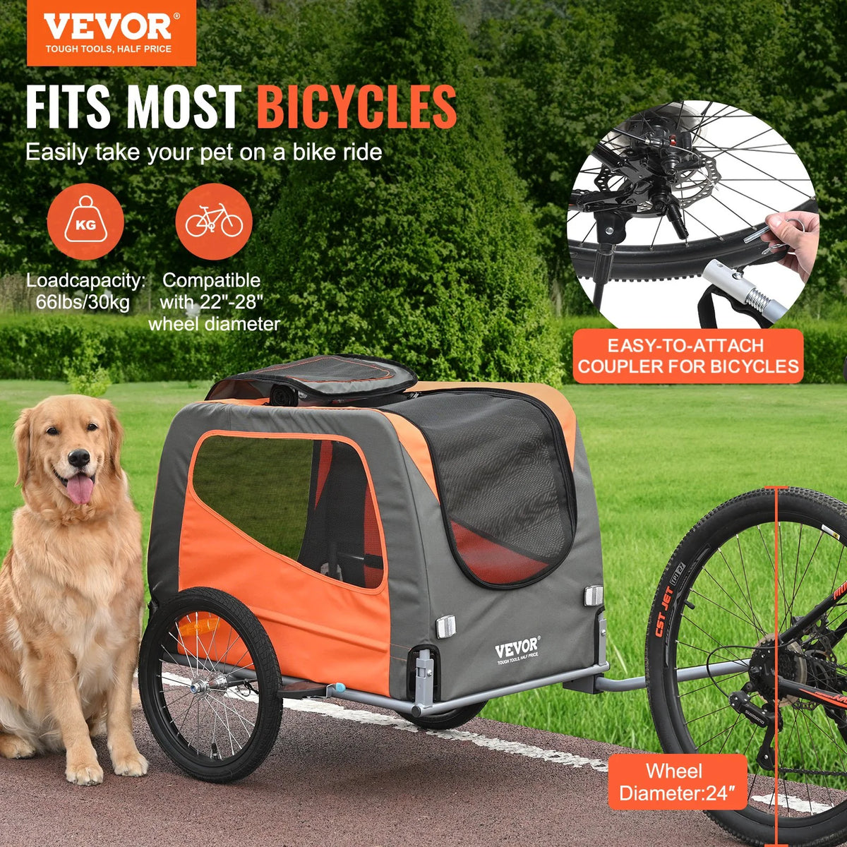 VEVOR Dog Bike Trailer, Supports up to 66 Lbs, Pet Cart Bicycle Carrier, Easy Folding Frame with Quick Release Wheels, Universal Bicycle Coupler, Reflectors, Flag, Collapsible to Store, Orange/Gray