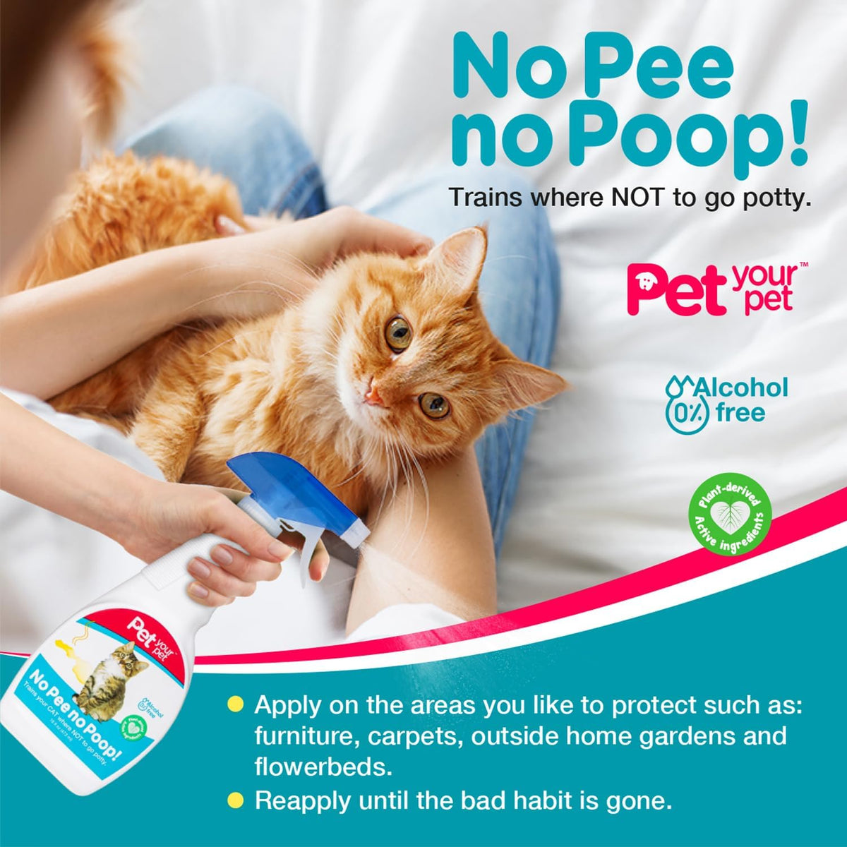 No Pee No Poop Cat Potty Training Spray, 16 Fl Oz – Non-Toxic Cat Spray Deterrent for Urine/Marking/Pooping – Natural Cat Pee Deterrent Spray – Indoor/Outdoor Keep off Cat Spray