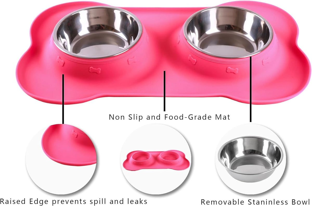 Pet Dog Bowls 2 Stainless Steel Dog Bowl with No Spill Non-Skid Silicone Mat + Pet Food Scoop Water and Food Feeder Bowls for Feeding Small Medium Large Dogs Cats Puppies (S, Pink)