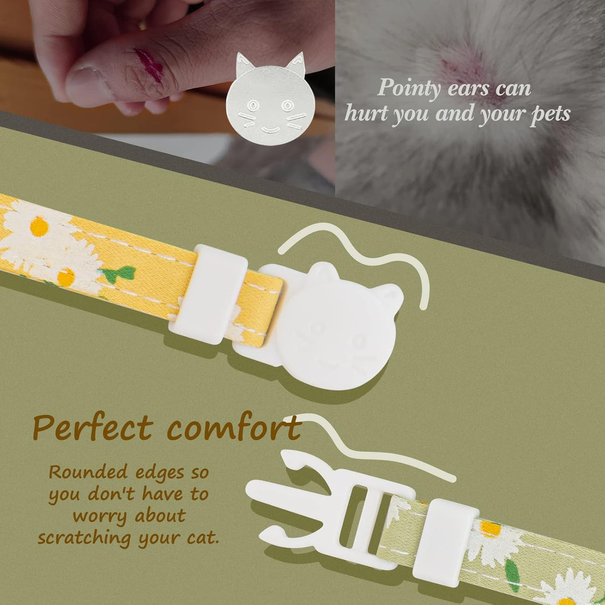 2 Pack Cotton Breakaway Cat Collar with Bell Yellow&Green Flowers Pendant Cute Kitten Cat Collar Suitable for Girls and Boys