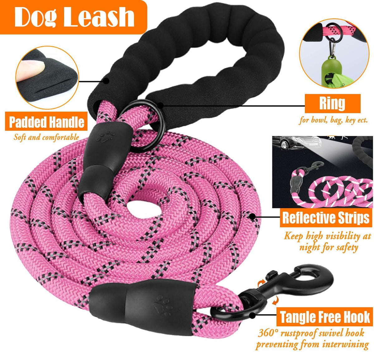 No Pull Dog Harness, Collar & Leash Set | Includes Dog Seat Belt, Collapsible Bowls & Poop Bag Dispenser. Ideal for Training, Walking, Hiking. Fits Small to Large Dogs(Pink-L)