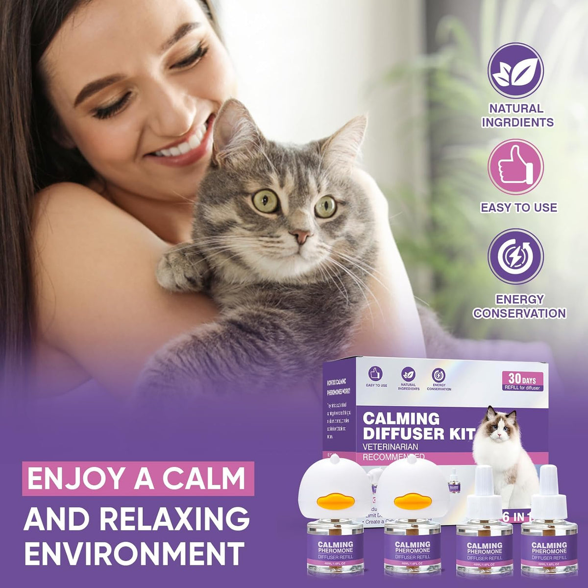 Cat Calming Pheromone Diffuser Effectively Relieve Anxiety Stress Cat Calming Diffuser Comfort for Cats Refill Reduce Fighting Spraying and Scratching Calm Relaxing 48Ml/Bottle Fits All Cats