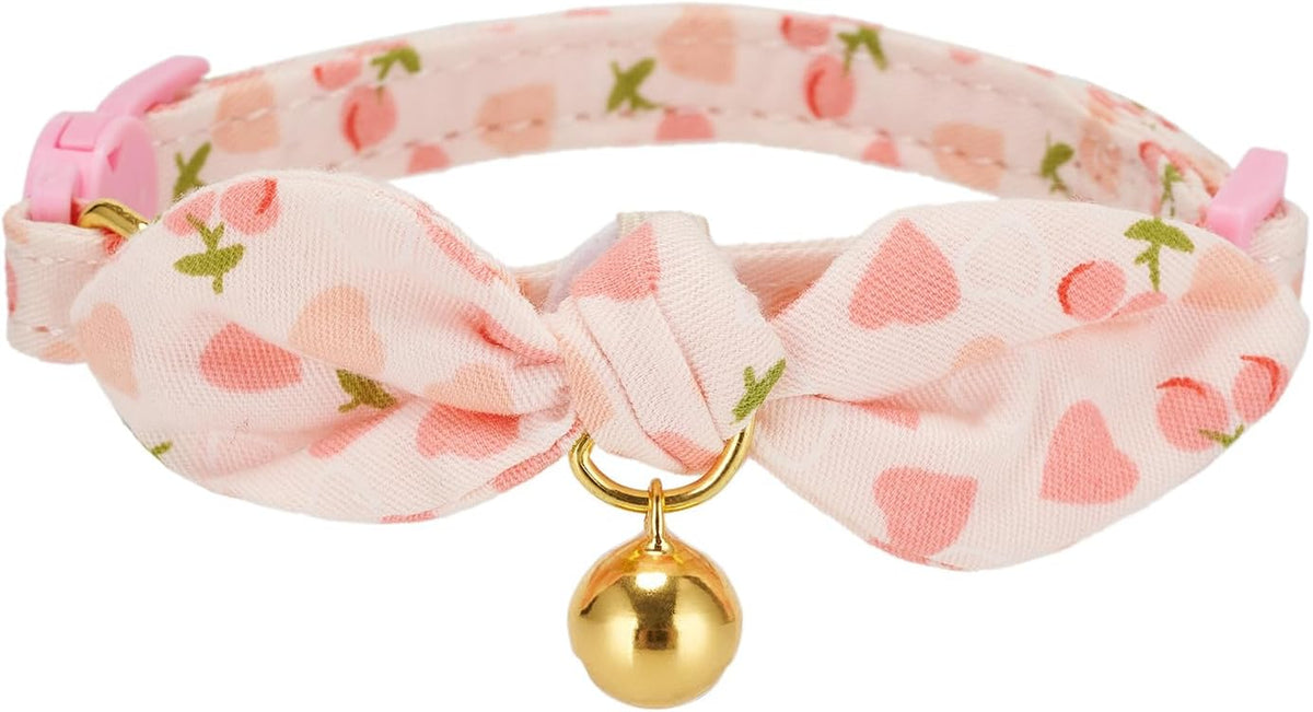 Cotton Bowtie Cat Collar with Bell 2 Pack Adjustable Breakaway Kitten Collars with Removeable Bow Pink Girl Cat Collars