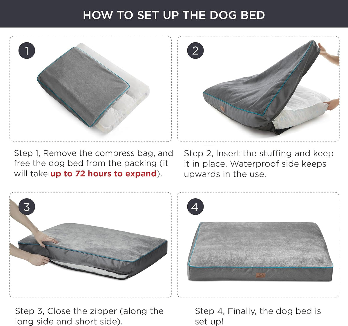 Waterproof Dog Beds for Large Dogs - 4 Inch Thicken up to 80Lbs Pet Mat Pillows with Removable Washable Cover, Grey