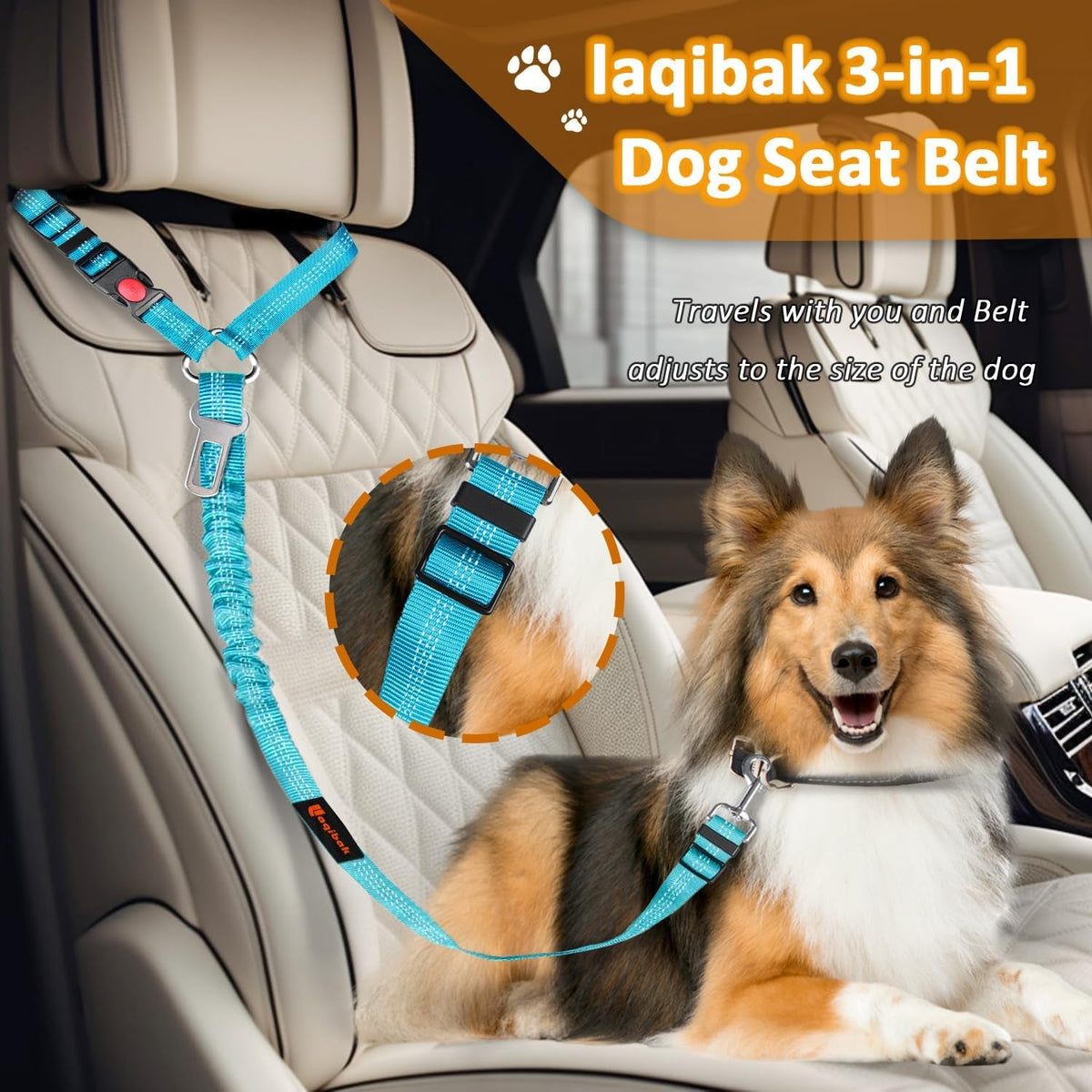 Removable Dog Seat Belt Harness for Car, 3 in 1 Pet Dog Car Seatbelt Leash, Retractable Restraint Secures to Vehicle Headrest & Adjustable Reflective Bungee Dog Seatbelt Tether, Blue and Black