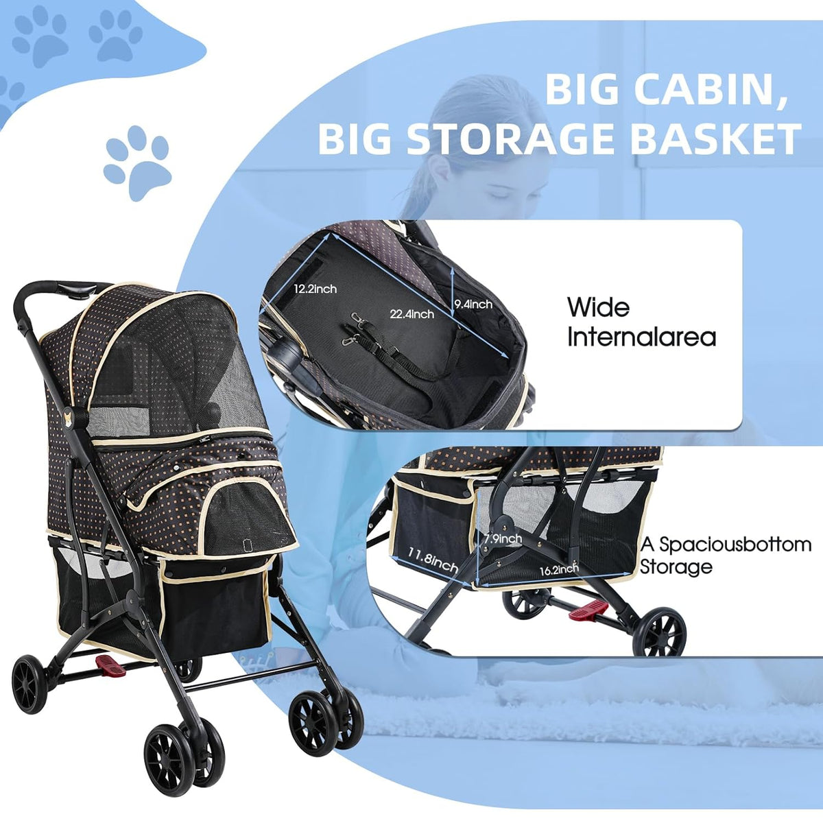 4 Wheels Dogs Cats Stroller for Small Medium Dogs Cats Pets up to 35 Lbs，Foldable Dog Cat Stroller Jogger Travel Stroller with Storage Basket and Cup Holder, Polka Squares