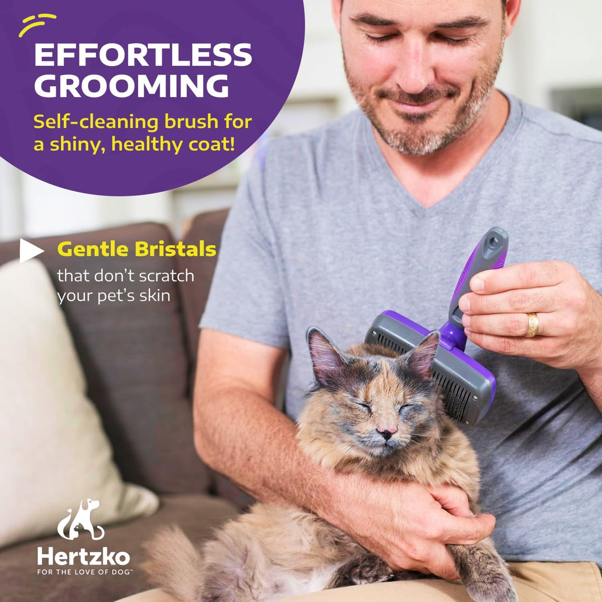 Self Cleaning Slicker Brush for Dogs and Cats - Pet Hair Brush for Shedding Long and Short Hair - Grooming Brush with Easy Clean Retractable Bristles - Cat and Dog Grooming Tool - Purple