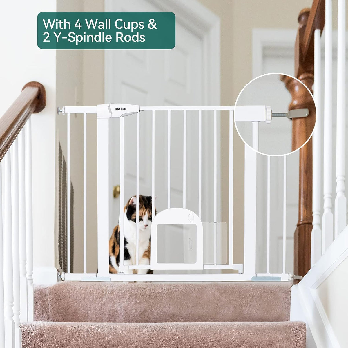 Baby Gate with Adjustable Cat Door,29-43" Auto Close Durable Pet Door for Stairs,Doorways and House,Pressure Mounted,Easy Install,Effortless Walk Thru,White