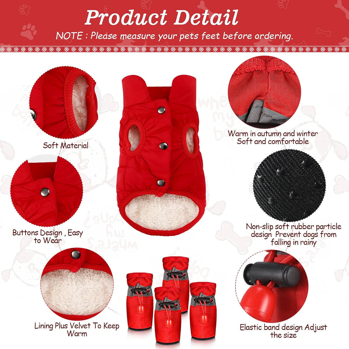 Winter Puppy Dog Coat and 4 Pieces Waterproof Dog Shoes Dog Jacket Waterproof Windproof Pet Clothes Snowsuit Warm Fleece Lining Padded Pet Clothes Dog Adjustable Shoes for Small Pet Dogs Cat