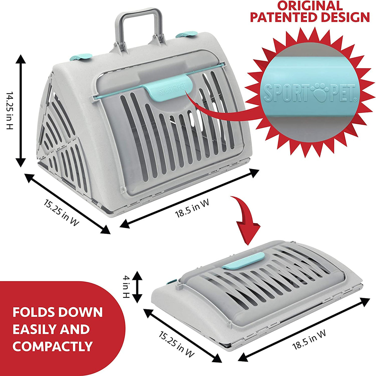 Sport Pet Foldable Travel Cat Carrier with a Waterproof Bed - Front Door Plastic Collapsible Carrier, Gray (CM-10064-CS01)