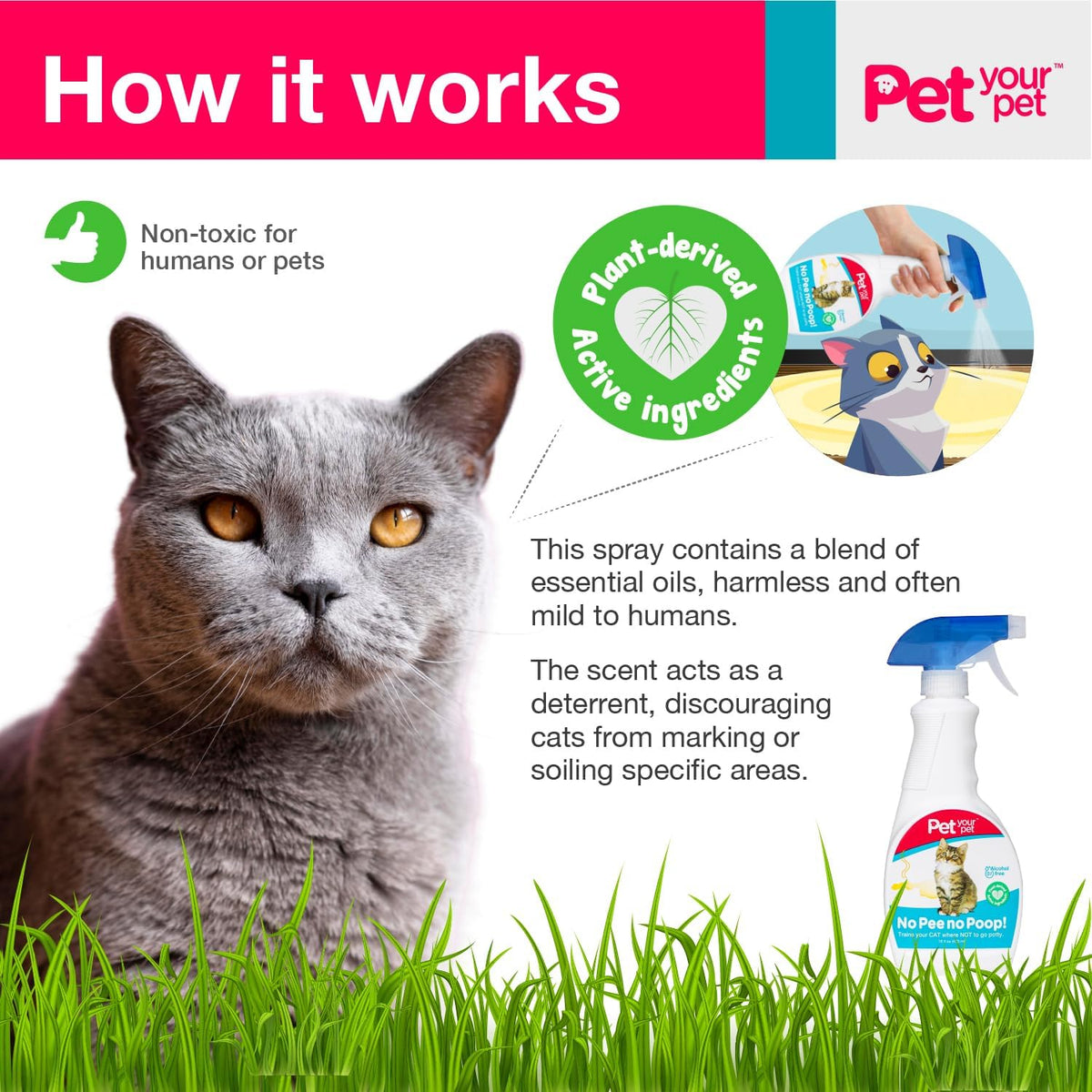 No Pee No Poop Cat Potty Training Spray, 16 Fl Oz – Non-Toxic Cat Spray Deterrent for Urine/Marking/Pooping – Natural Cat Pee Deterrent Spray – Indoor/Outdoor Keep off Cat Spray