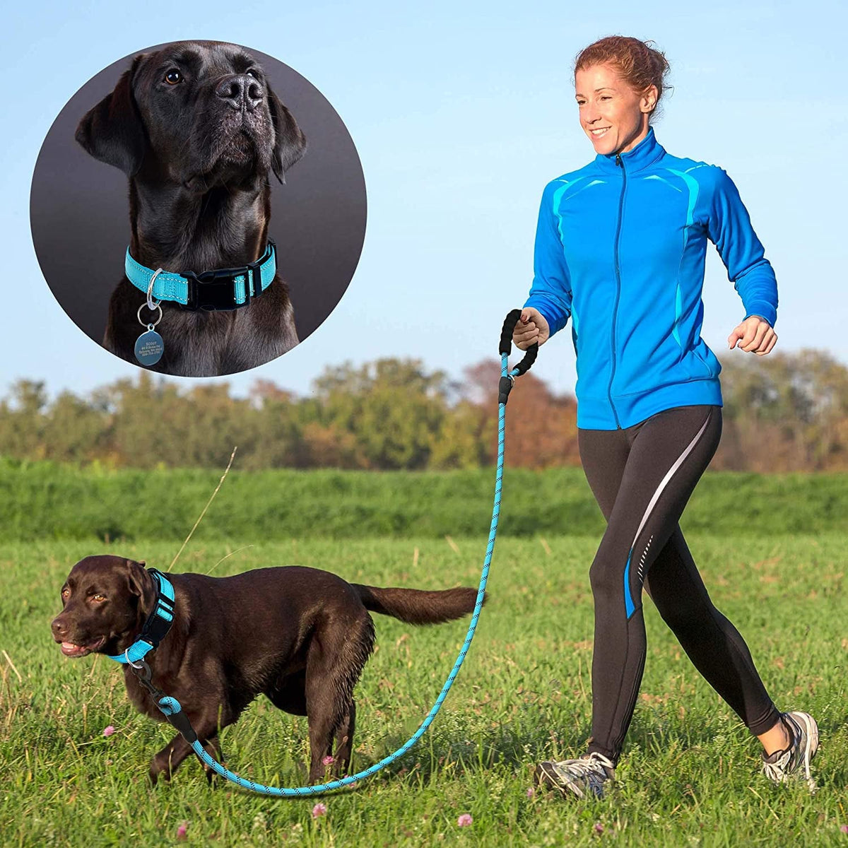 Reflective Dog Collar Padded with Soft Neoprene Breathable Adjustable Nylon Dog Collars for Small Medium Large Dogs (Medium (Pack of 1), Blue Collar+Leash)