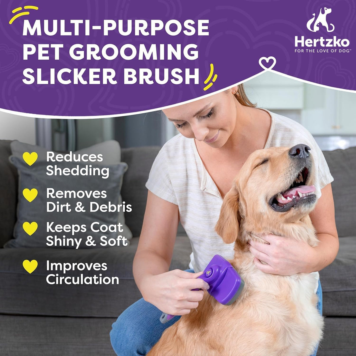 Self Cleaning Slicker Brush for Dogs and Cats - Pet Hair Brush for Shedding Long and Short Hair - Grooming Brush with Easy Clean Retractable Bristles - Cat and Dog Grooming Tool - Purple