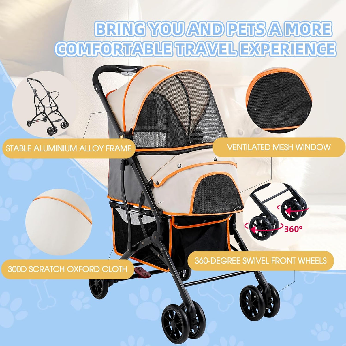 4 Wheels Dogs Cats Stroller for Small Medium Dogs Cats Pets up to 35 Lbs，Foldable Dog Cat Stroller Jogger Travel Stroller with Storage Basket and Cup Holder, Yellow