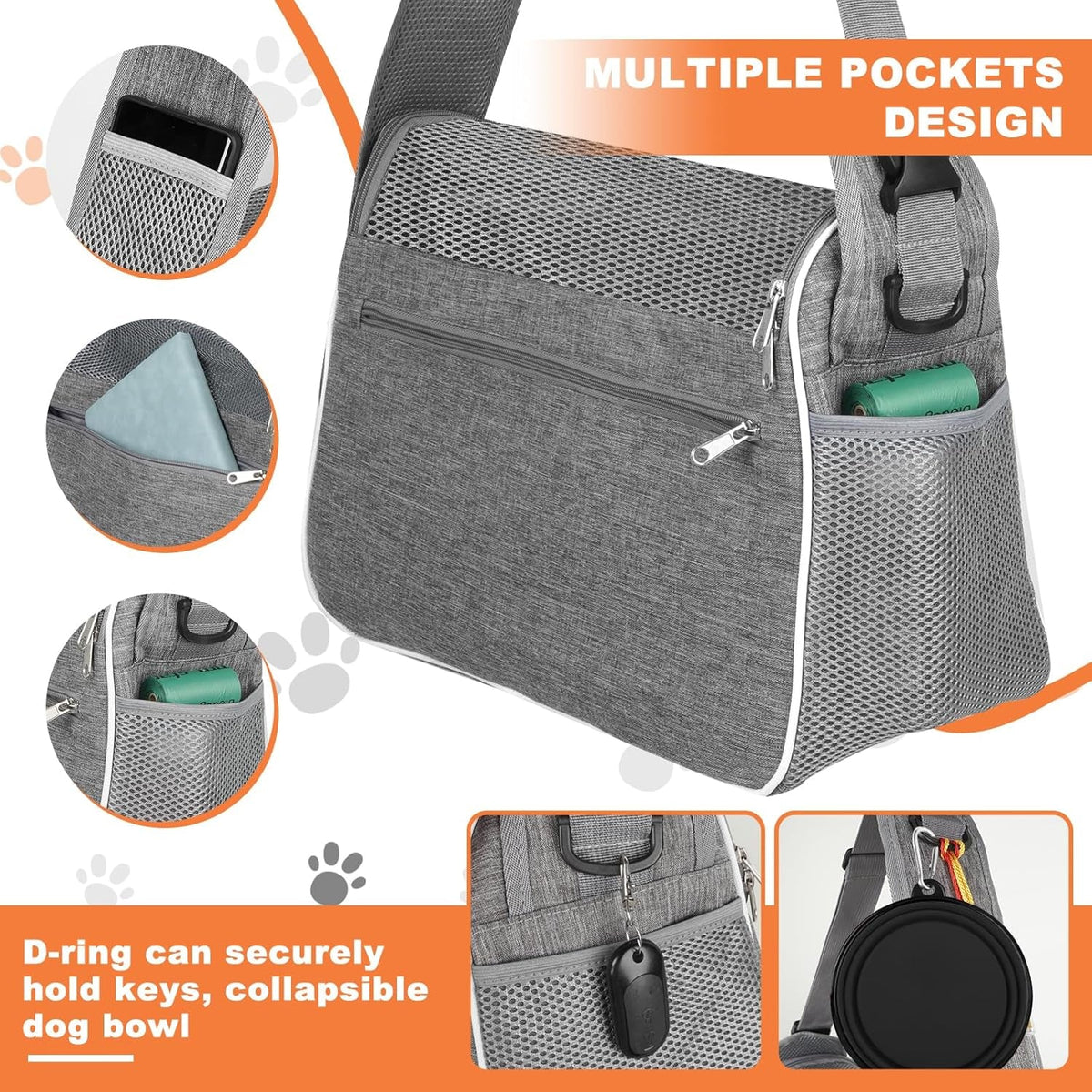 Small Dog Sling Carrier, Multiple Pockets Puppy Carrying Purse Bag, Pet Pouch with Sturdy Pad, Cat Bag for Outdoor Travel, Carrier for Dog Cat up to 13 Lbs