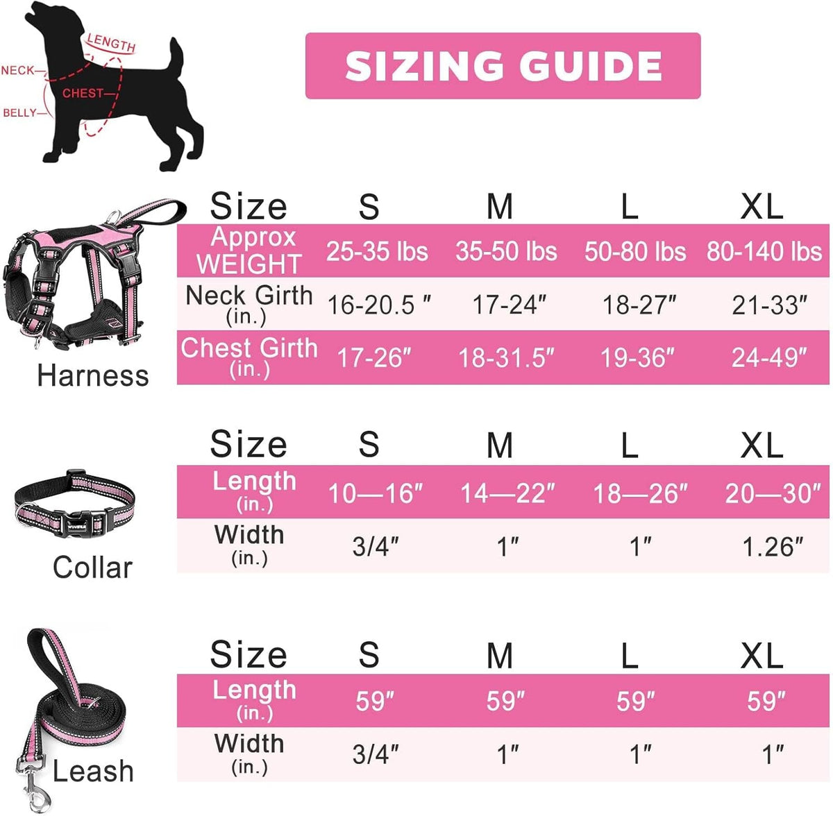 Pet Harness Collar and Leash Set, All-In-One Reflective Dog Harness No Pull with Adjustable Buckles for Puppies, Small, Medium, Large, and Extra-Large Dogs (Large, Pink)