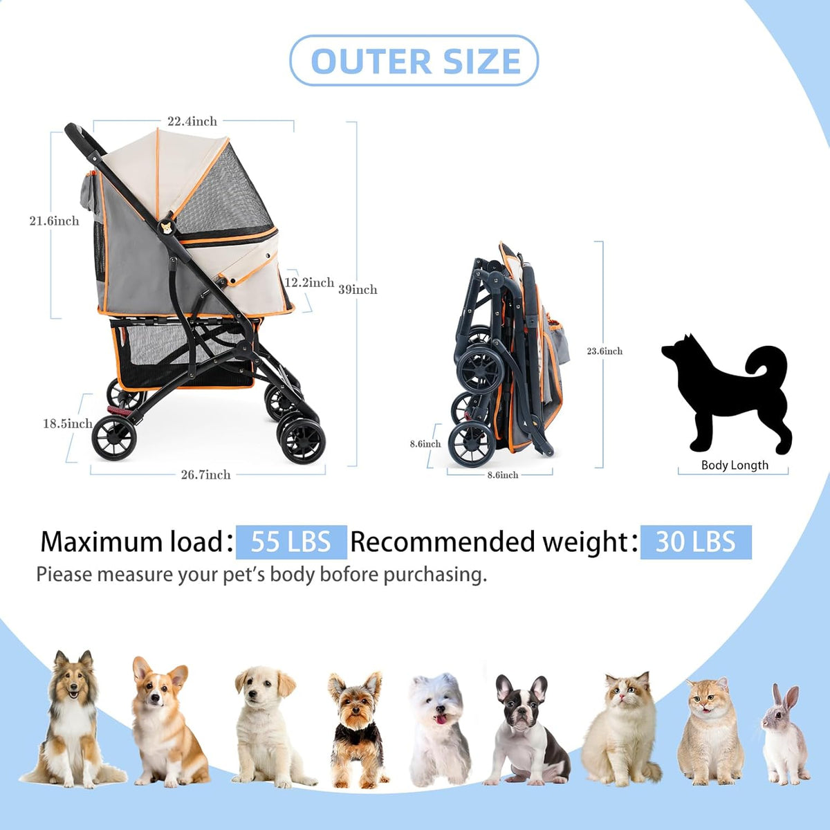 4 Wheels Dogs Cats Stroller for Small Medium Dogs Cats Pets up to 35 Lbs，Foldable Dog Cat Stroller Jogger Travel Stroller with Storage Basket and Cup Holder, Yellow