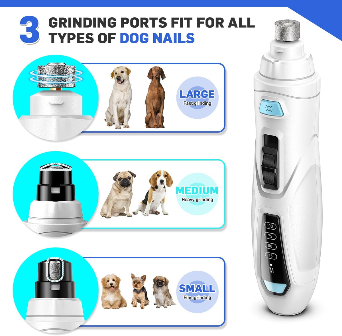 Dog Nail Grinder Super Quiet Dog Nail Trimmers 3 Grinding Wheels 3 Speed Rechargeable Pet Nail Grinder LED Display Dog Nail Clippers Kit for Large Medium Small Dogs Cats Dog Nail File Toenail Clippers