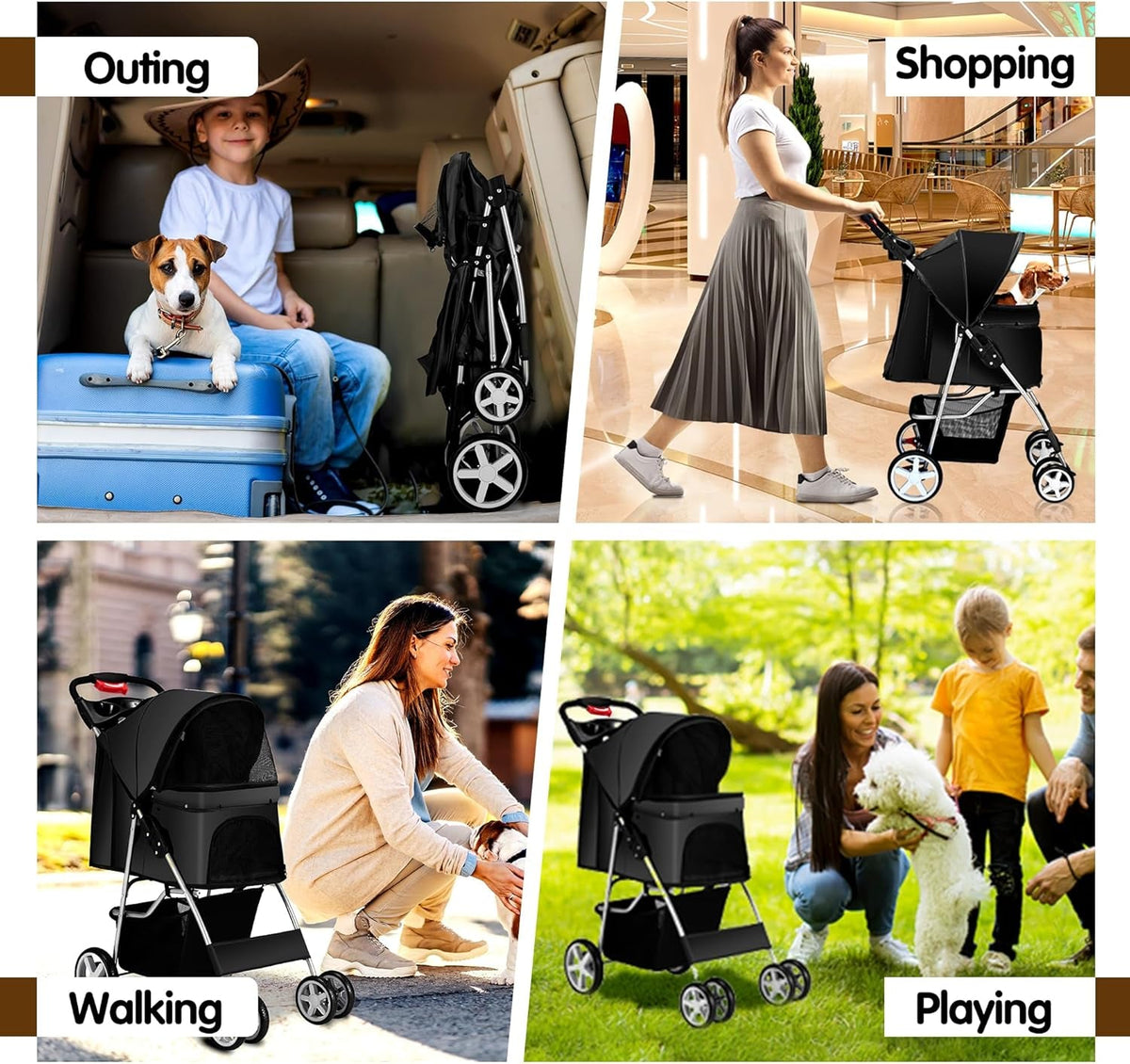 Pet Stroller 4 Wheels Dog Cat Stroller for Medium Small Dogs Cats, Folding Cat Jogger Stroller with Storage Basket & Breathable Mesh, Easy to Walk Travel Carrier, Black