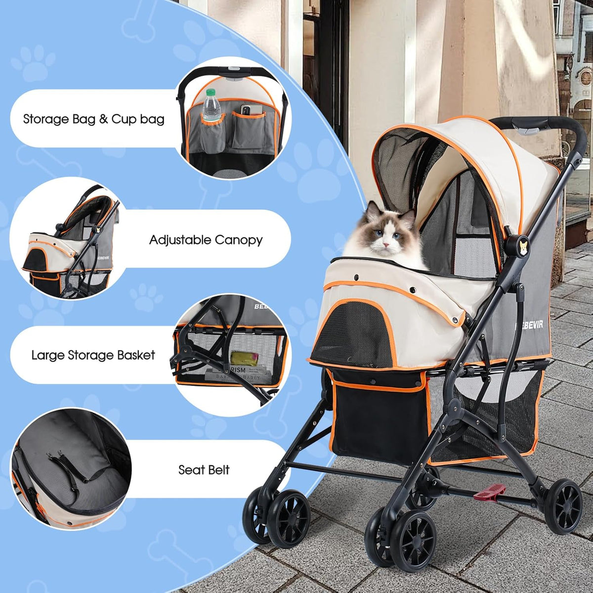 4 Wheels Dogs Cats Stroller for Small Medium Dogs Cats Pets up to 35 Lbs，Foldable Dog Cat Stroller Jogger Travel Stroller with Storage Basket and Cup Holder, Yellow