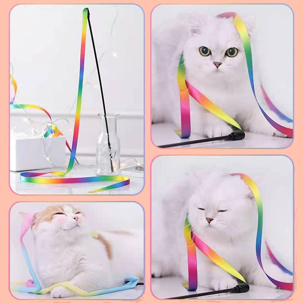 Interactive Cat Rainbow Wand Toys, Interactive Cat Teaser Wand String, Colorful Ribbon Charmer for Most Cats and Kittens - 2 Packs