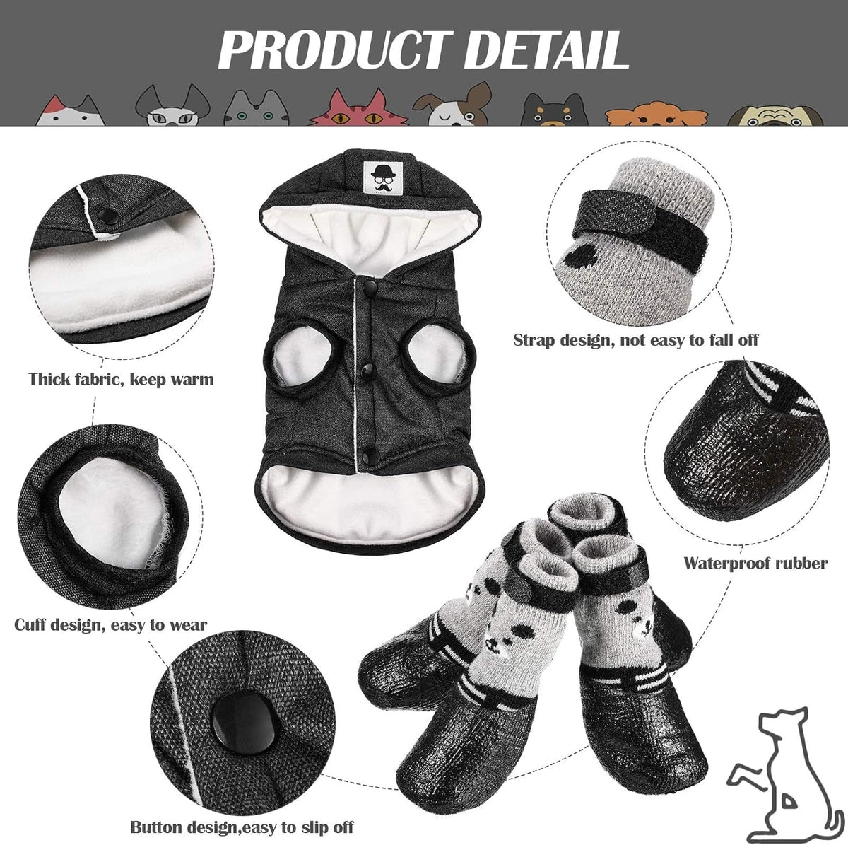 Hooded Dog Coat and Dog Cat Boots Shoes Socks Stylish Puppy Clothes Warm Dog Jacket Waterproof Dog Shoes for Small Puppy (Black,S)