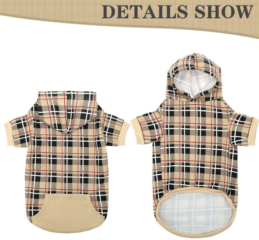 Plaid Dog Hoodie - British Style Soft and Warm Dog Sweater with Leash Hole, Hooded Cold Weather Clothes, Dog Sweatshirt, Outfits, Winter Coat for Small Medium Large Dogs