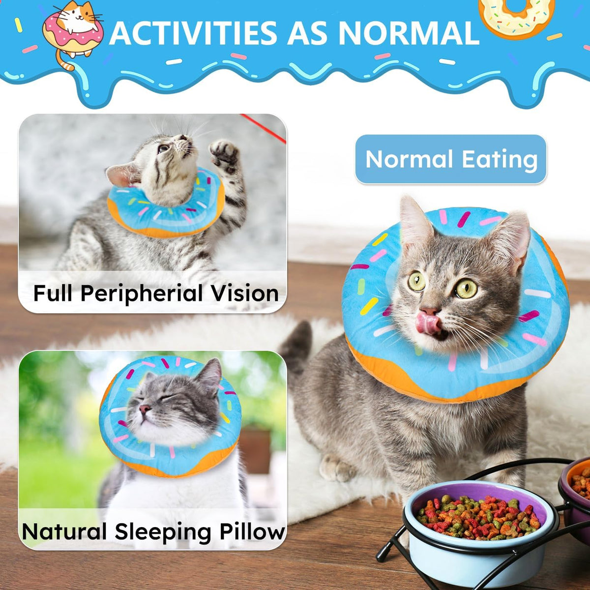 Cat Cone Collar Soft, Cat Recovery Collar for Wound Healing Cute Cat Donut Adjustable Cat Cones to Stop Licking Comfortable Lightweight Neck Elizabethan Collars for Cats Kittens after Surgery