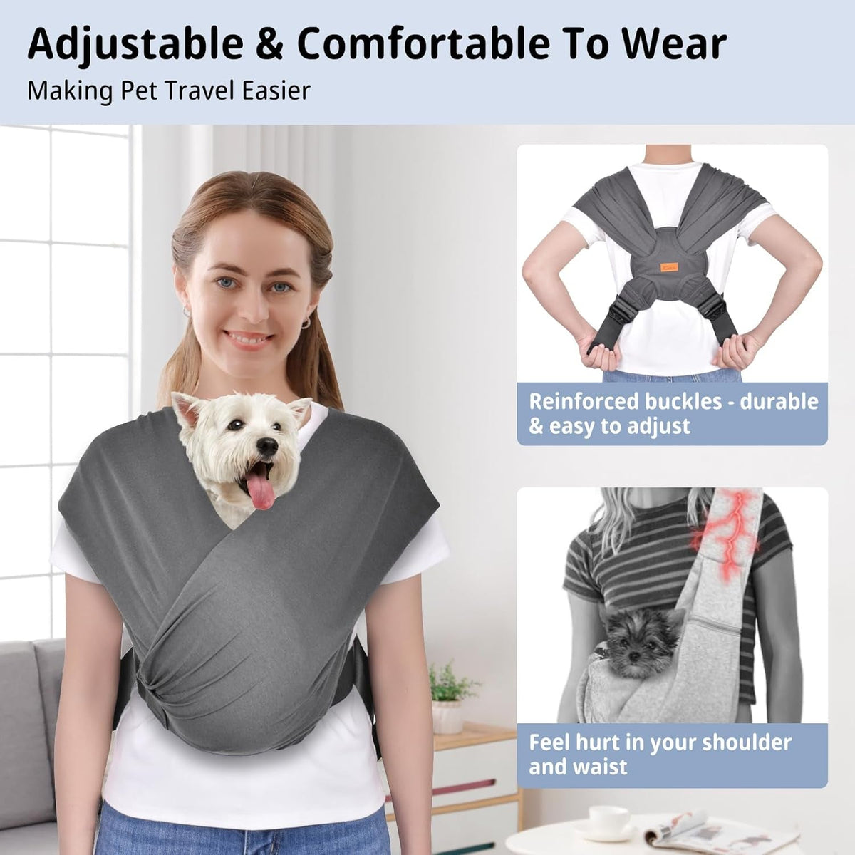 Swaddle Dog Sling Carrier for Small Dogs, Front Pet Sling Carrie Chest, Hands Free Adjustable Cat Sling Carrier Soft Cotton Reducing Pain Puppy Sling Carrier for Small Pets up to 11Lb(Dark Gray)