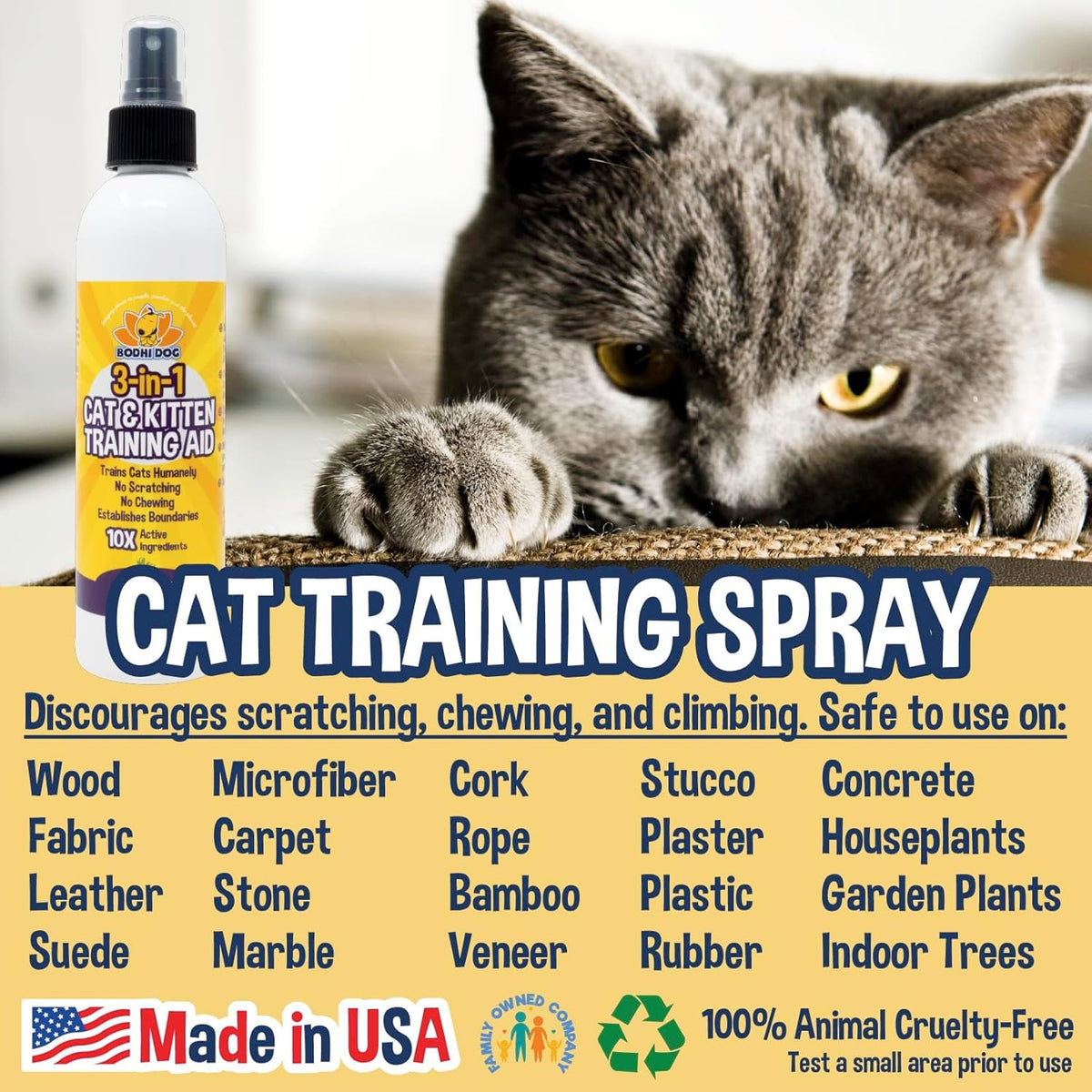 3-In-1 Cat & Kitten Training Aid - Cat Deterrent Spray for Indoor and Outdoor Use - Protect Furniture, Rugs and Plants - Establish Boundaries & Keep Felines off - Made in USA (8 Fl Oz)