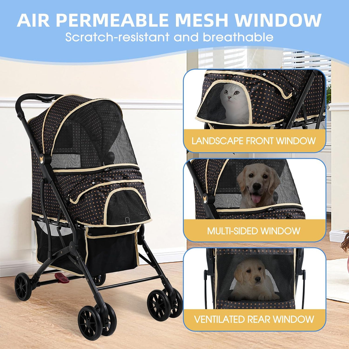 4 Wheels Dogs Cats Stroller for Small Medium Dogs Cats Pets up to 35 Lbs，Foldable Dog Cat Stroller Jogger Travel Stroller with Storage Basket and Cup Holder, Polka Squares