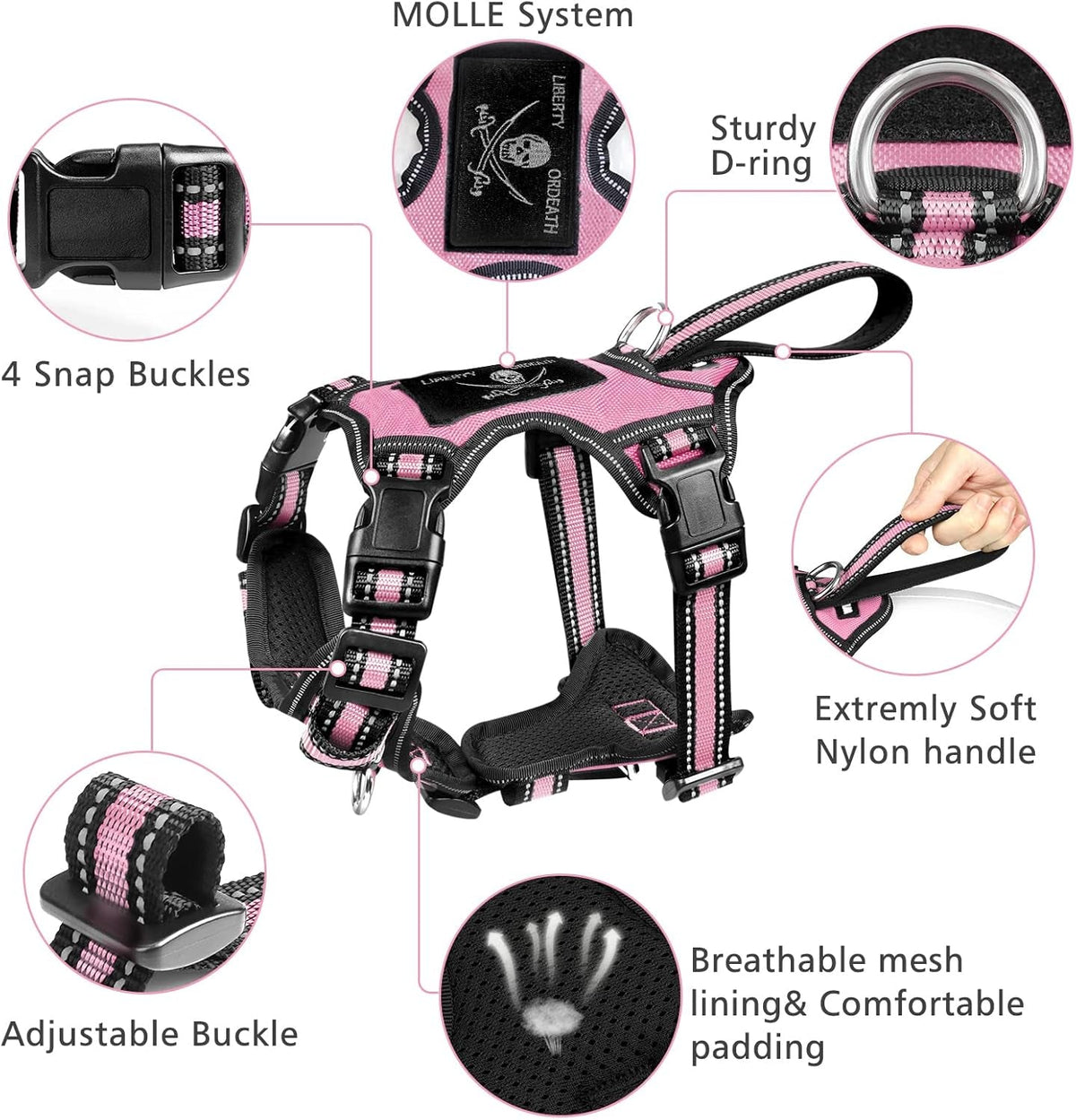 Pet Harness Collar and Leash Set, All-In-One Reflective Dog Harness No Pull with Adjustable Buckles for Puppies, Small, Medium, Large, and Extra-Large Dogs (Large, Pink)