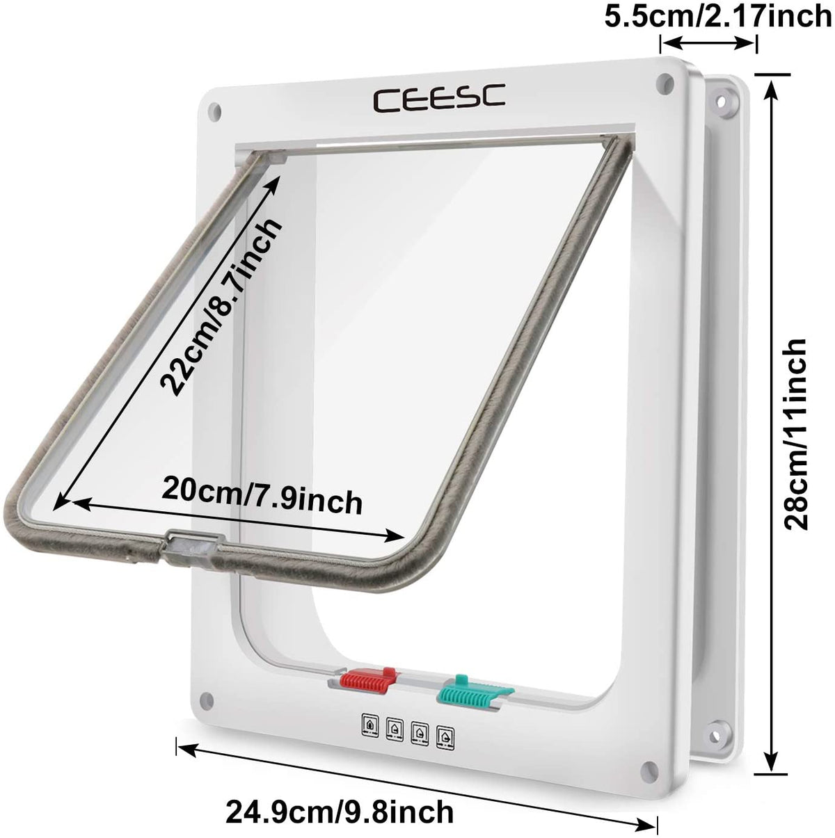 Extra Large Cat Door (Outer Size 11"X9.8"), Weatherproof, White, ABS Material, 4-Way Locking Flap for Cats & Dogs up to 25.54 Lbs