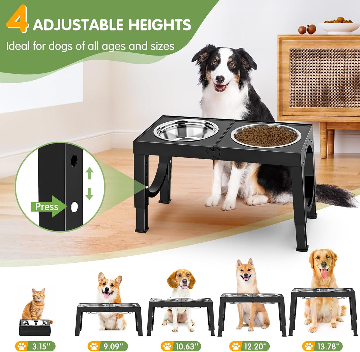 Elevated Dog Bowls Large Breed  Raised Dog Bowl Stands Large Medium Sized Dog 1000Ml Large Elevated Dog Food Water Bowl Stand Set Black Raised Pet Feeder Adjustable Dog Dish Station 9/11/12/14In