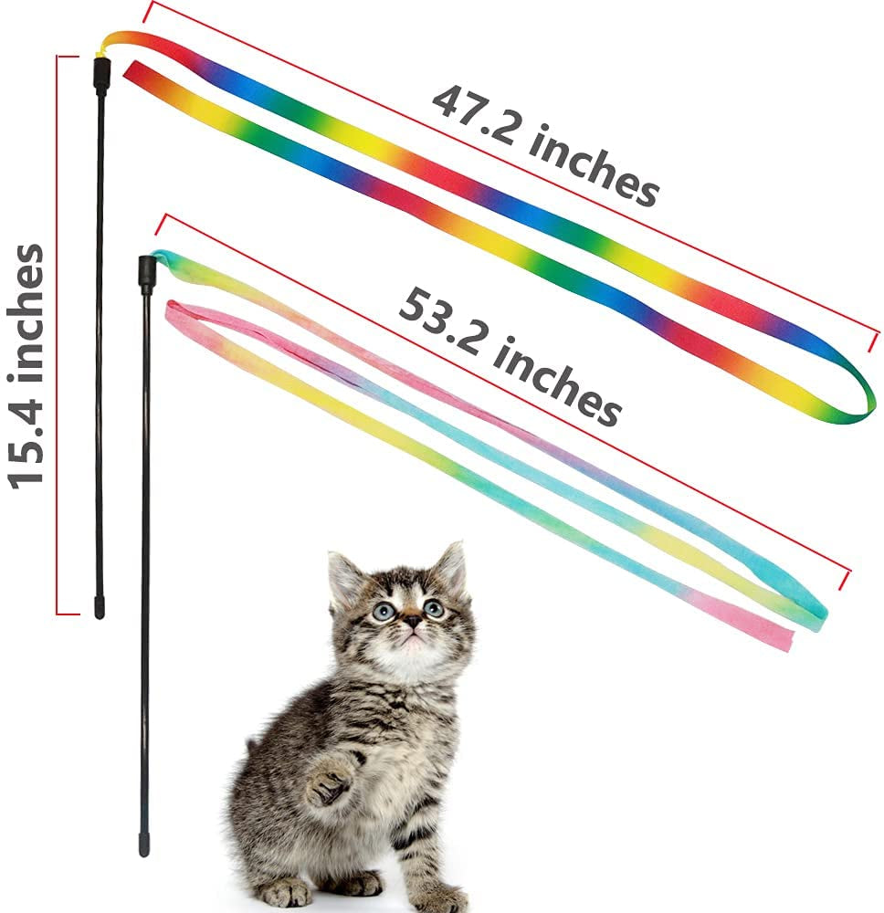 Interactive Cat Rainbow Wand Toys, Interactive Cat Teaser Wand String, Colorful Ribbon Charmer for Most Cats and Kittens - 2 Packs