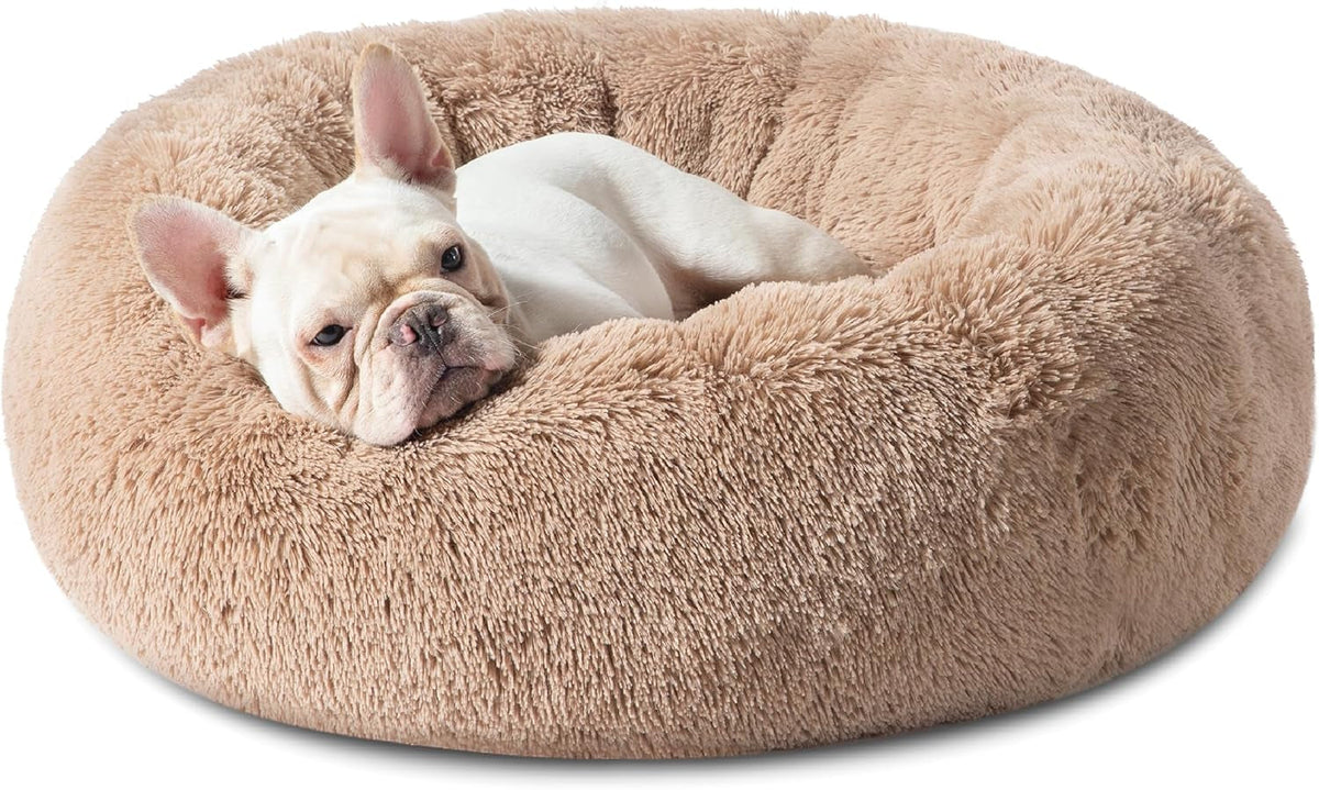 Calming Dog Bed for Medium Dogs - Donut Washable Medium Pet Bed, 30 Inches Anti-Slip round Fluffy Plush Faux Fur Cat Bed, Fits up to 45 Lbs Pets, Camel