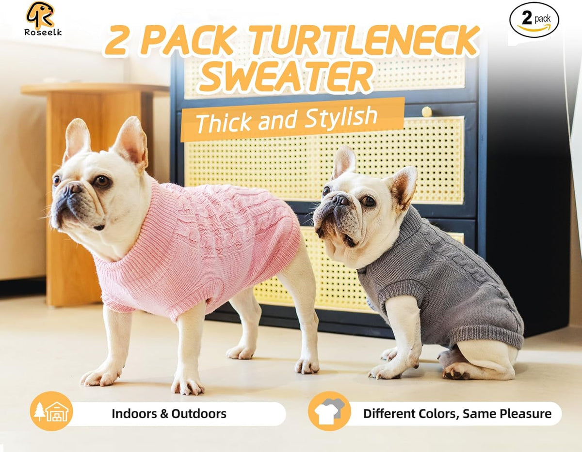 2 Pack Dog Sweaters for Small Dogs - Puppy Medium Warm Clothes in Winter, Turtleneck Pullover Design for Boy Girl Pet, Doggie, Cat, Kitten Chihuahua Bulldog Pug Beagles (M, Grey, Pink)