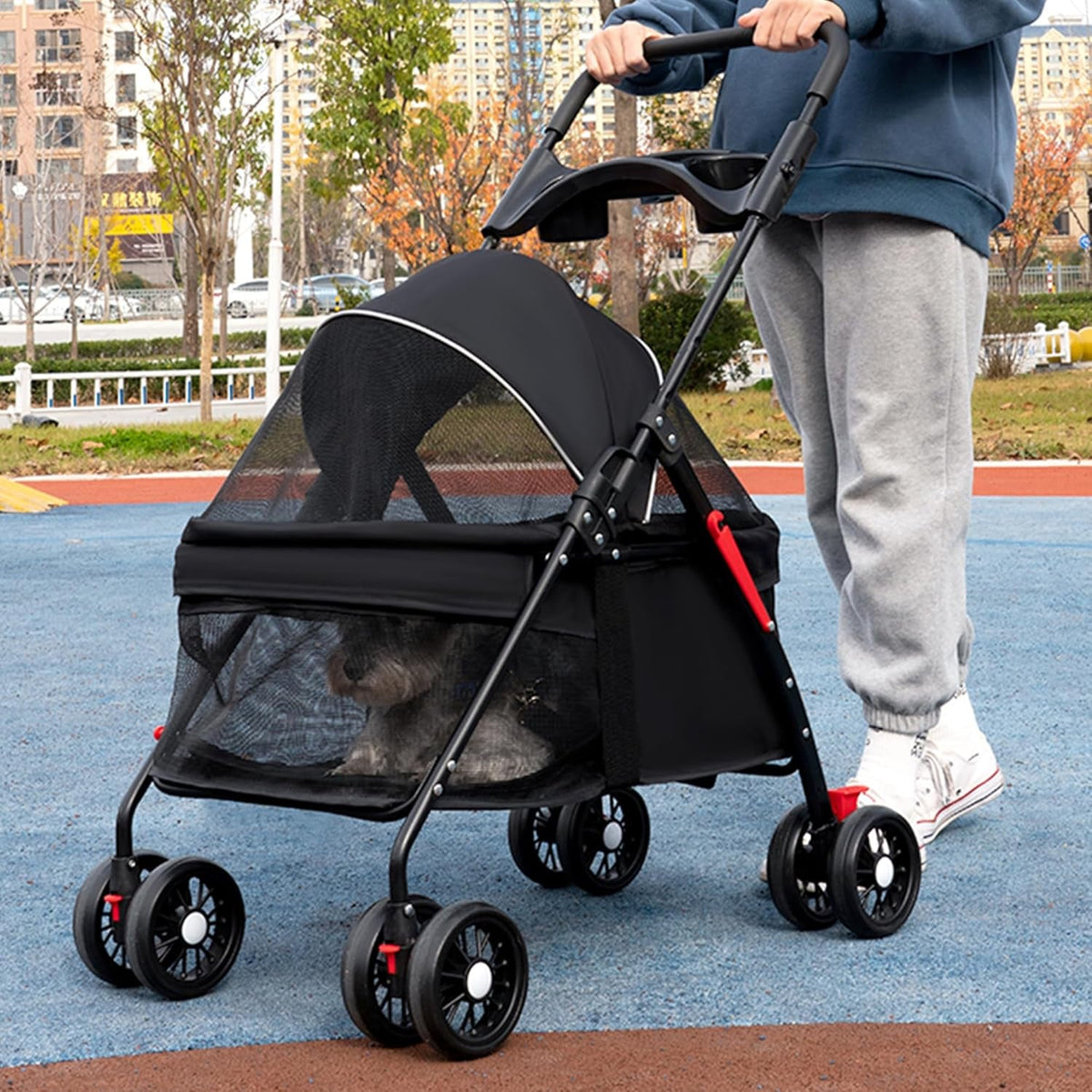 Pet Stroller 4 Wheels Dog Cat Stroller,Pet Folding Stroller,Foldable Dog Cat Cage Jogger Stroller with Storage Basket and Cup Holder,Breathable and Visible Mesh for Medium Small Dogs Cats