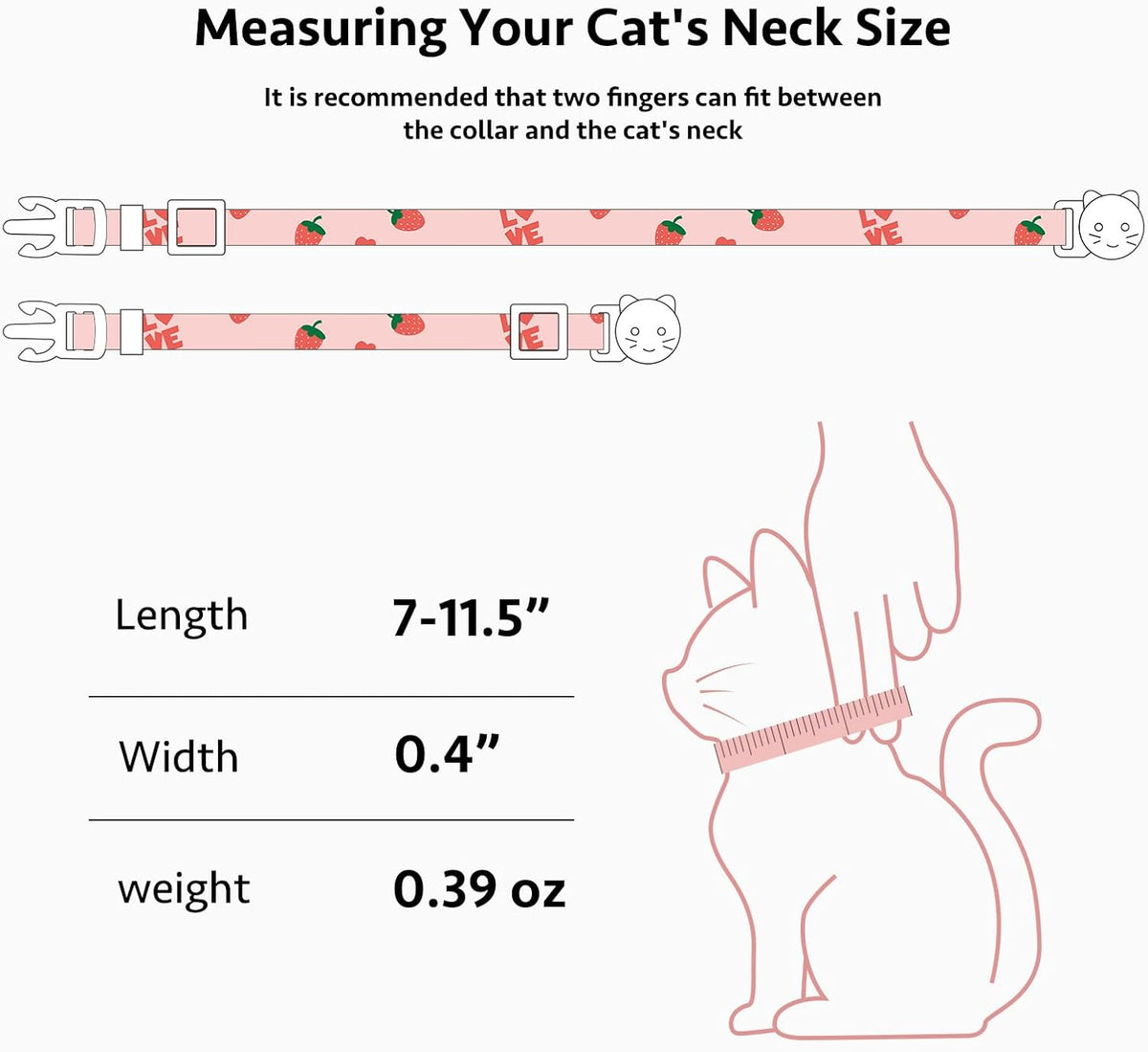 2 Pack Cotton Breakaway Cat Collar Pink Strawberries and White Heart Shaped Pendant Cute Kitten Cat Collar with Bell