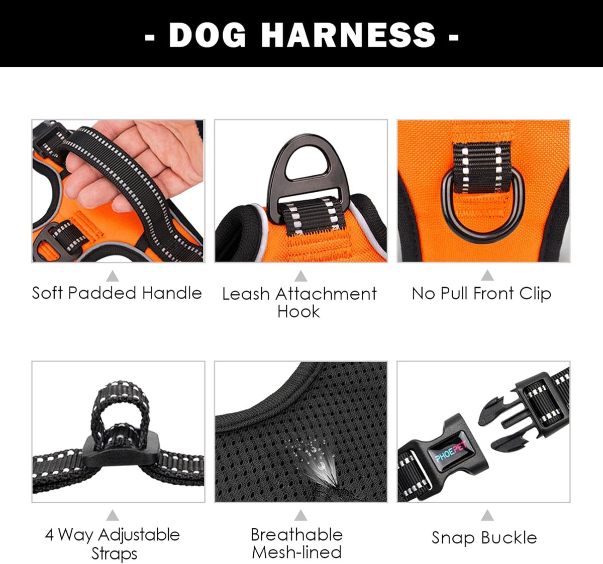 Reflective Dog Harness Large Breed Adjustable No Pull Vest with with Handle 2 Metal Rings 3 Buckles [Easy to Put on & Take Off](L, Orange)