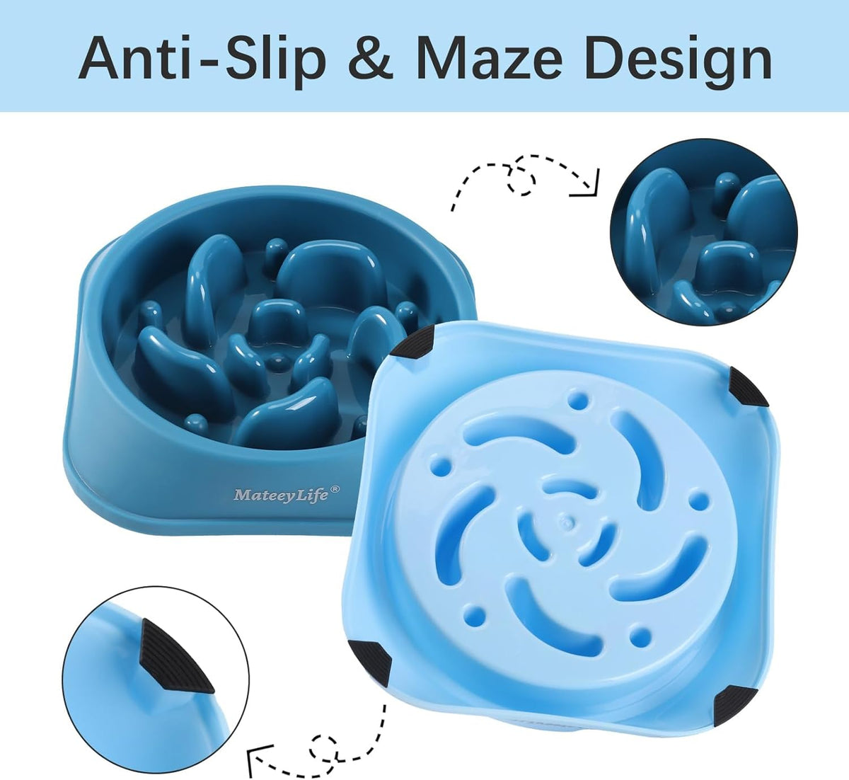 Slow Feeder Dog Bowls 2PCS, Anti-Choking Puzzle Dog Food Bowls, Anti-Slip Interactive Dog Feeding Bowls Slow down Eating, Bloat Stop Maze Dog Dishes for All Breeds Pets Lightblue&Darkblue