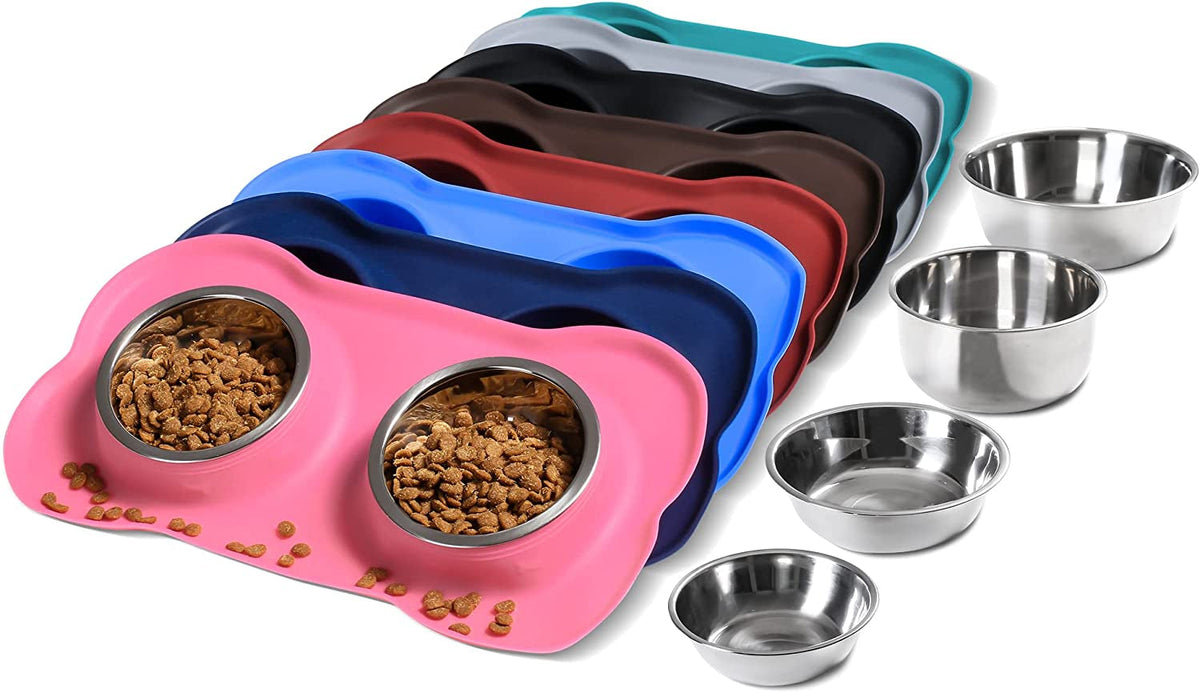 Pet Dog Bowls 2 Stainless Steel Dog Bowl with No Spill Non-Skid Silicone Mat + Pet Food Scoop Water and Food Feeder Bowls for Feeding Small Medium Large Dogs Cats Puppies (S, Pink)