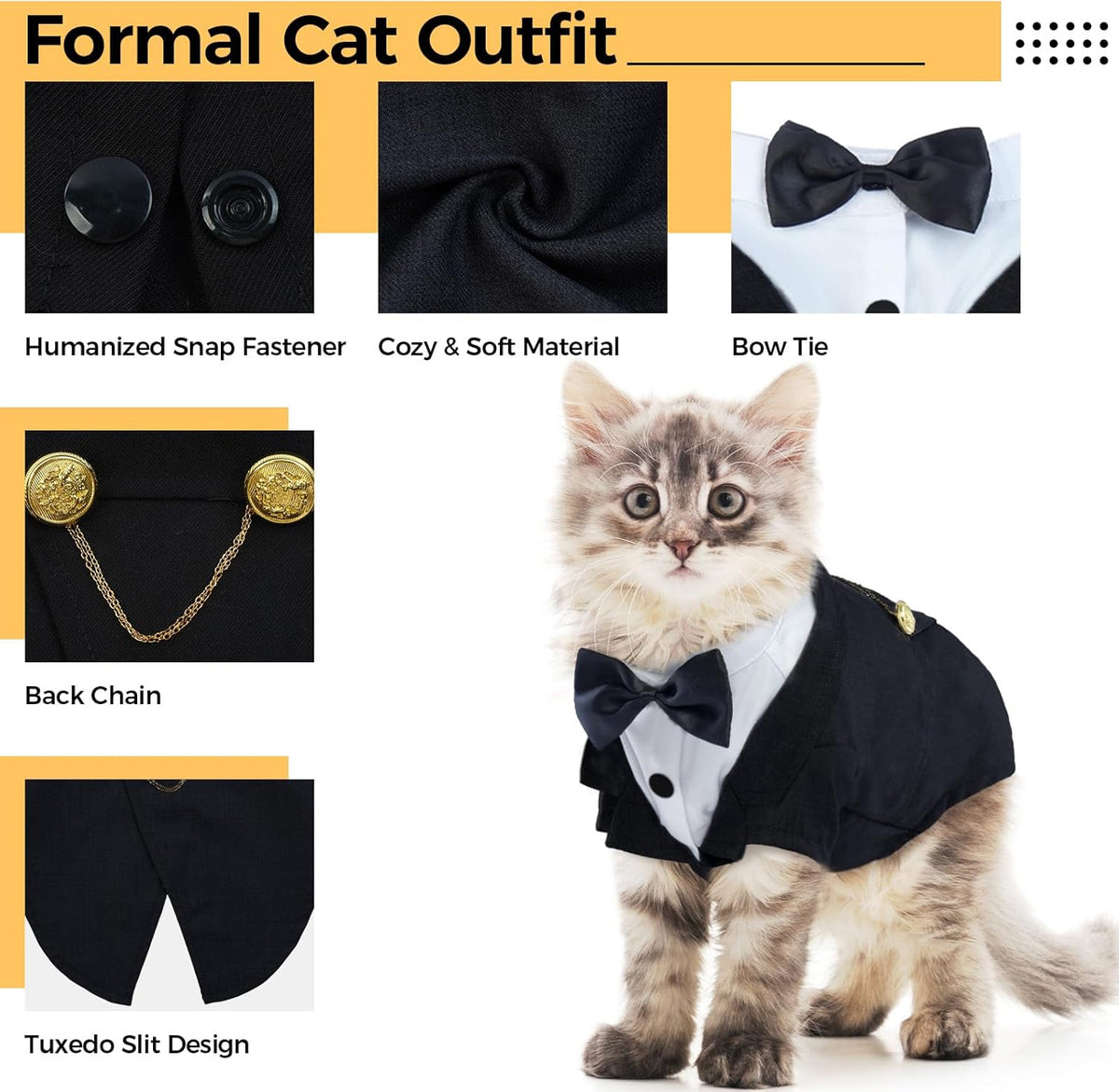 Cat Tuxedo Outfit, Sphynx Cat Costume Formal Suit with Bow Tie, Stylish Cat Shirt Fashion Apparel Fancy Clothes, Kitten Formal Attire Wedding Onesie Costume for Cats Only