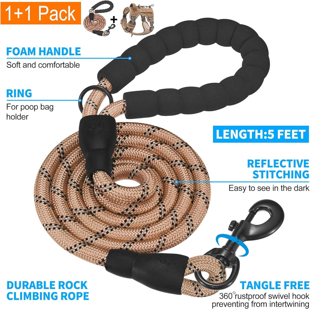 Heavy Duty Tactical Dog Harness for Large Dogs, No Pull Adjustable Pet Harness Reflective Service Training Easy Control Pet Vest Military K9 Working Dog Harnesses- Large, Brown