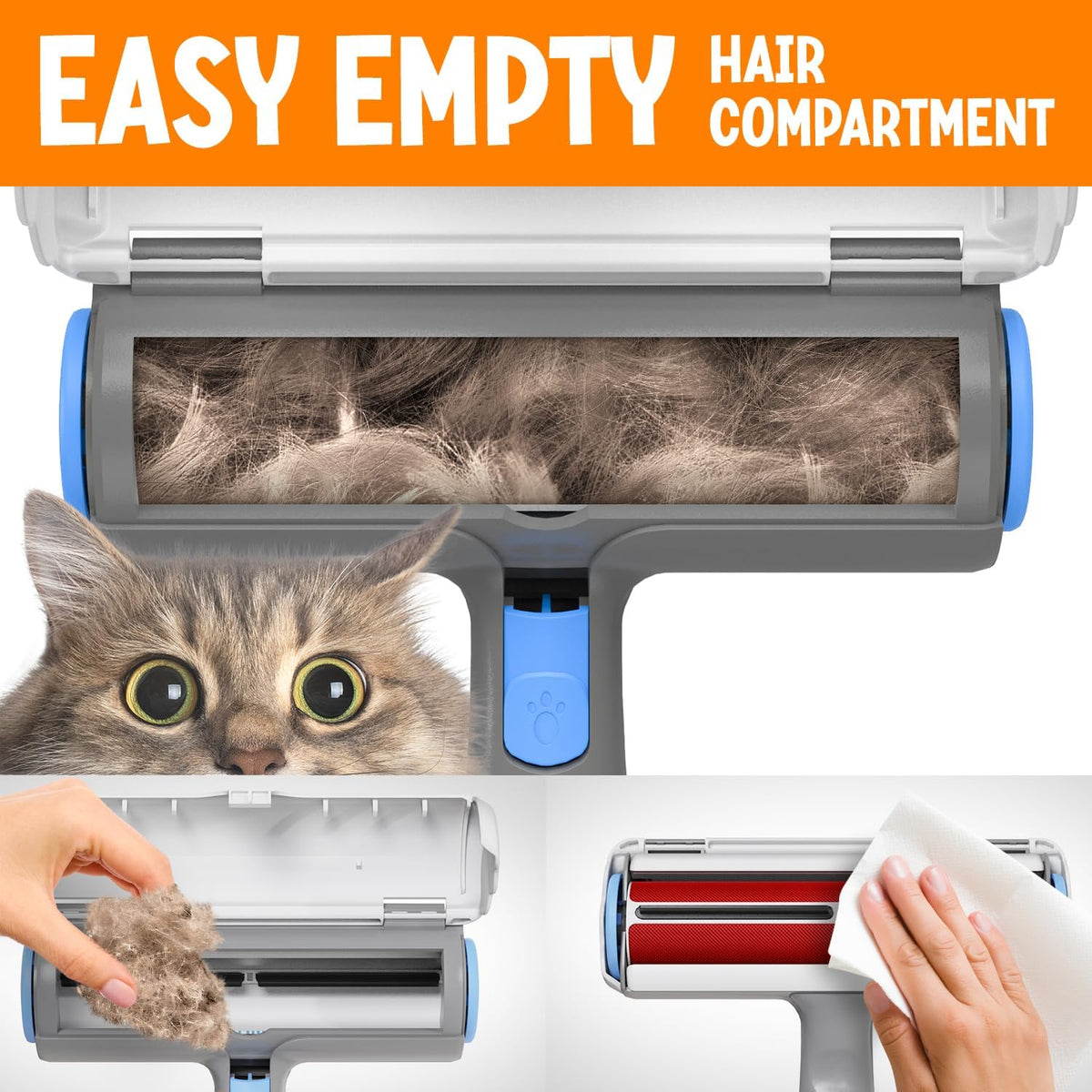 Pet Hair Remover W/Fur Trapping Compartment - Easy to Use Pet Hair Removal Tool - Cat & Dog Hair Remover for Couch, Furniture, Clothes, Bedding, Car - Reusable Lint Roller