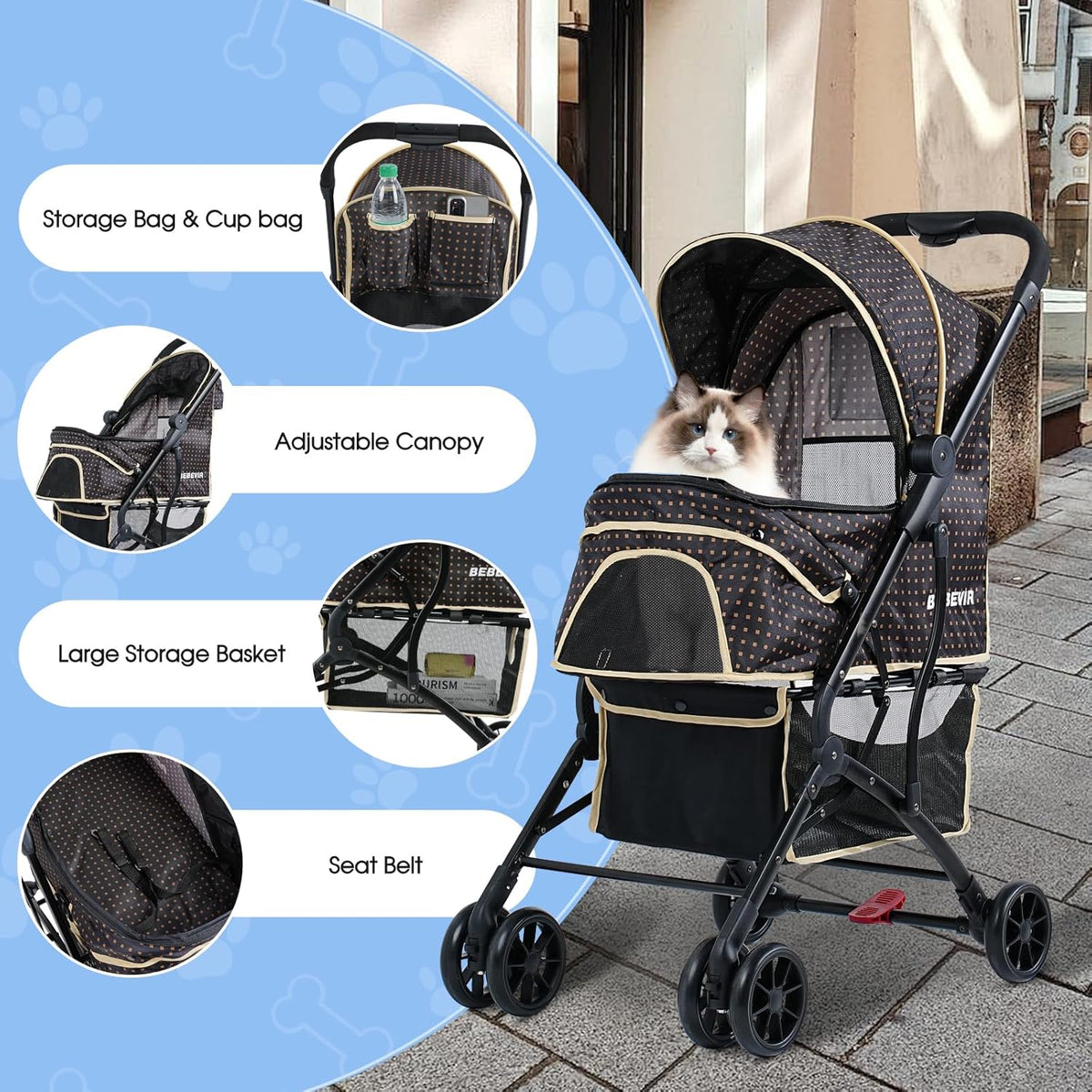 4 Wheels Dogs Cats Stroller for Small Medium Dogs Cats Pets up to 35 Lbs，Foldable Dog Cat Stroller Jogger Travel Stroller with Storage Basket and Cup Holder, Polka Squares