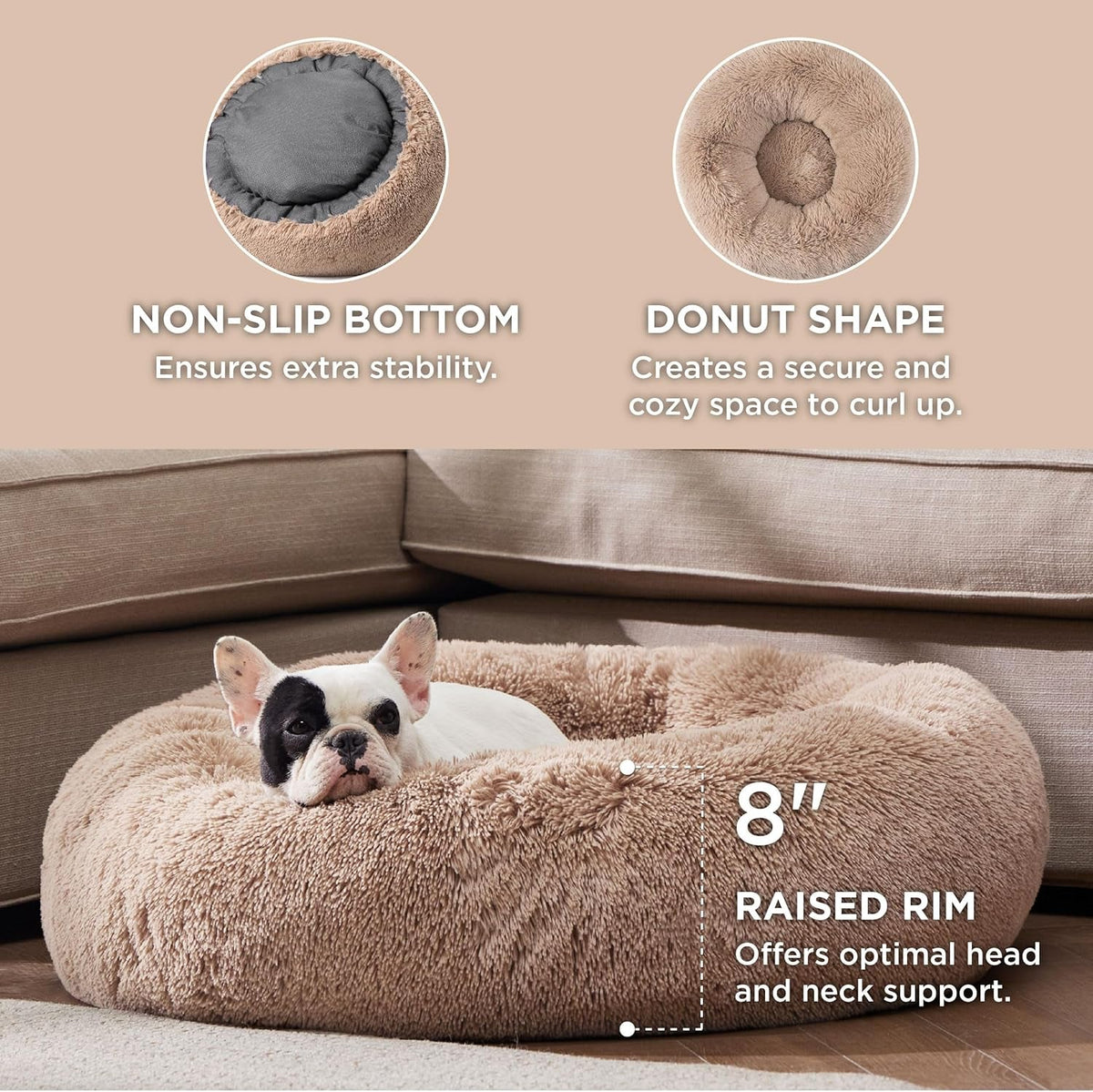 Calming Dog Bed for Medium Dogs - Donut Washable Medium Pet Bed, 30 Inches Anti-Slip round Fluffy Plush Faux Fur Cat Bed, Fits up to 45 Lbs Pets, Camel