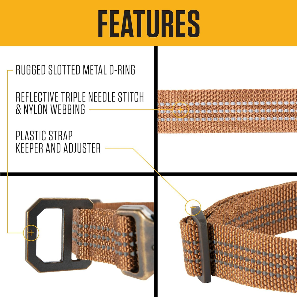 Fully Adjustable Nylon Webbing Collars for Dogs, Reflective Stitching for Visibility,  Brown (Nylon Webbing), Large